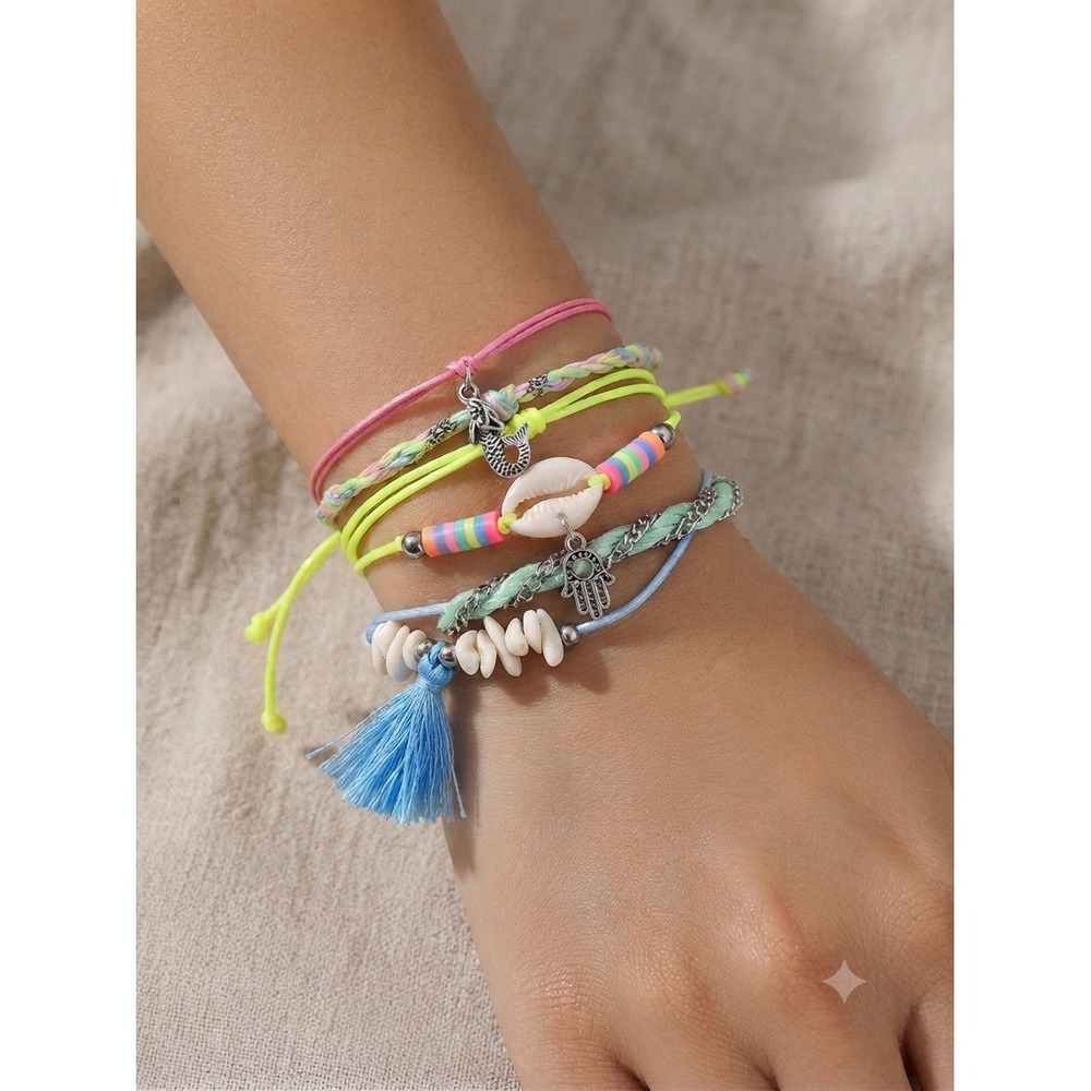 Mermaid Siren Mermaidcore Boho Stackable Cord Bracelet Set 5pc‎ Crystal Pendant